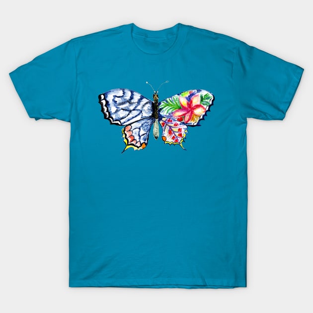 Painted blue butterfly with flowers T-Shirt by AnnArtshock